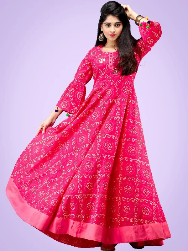 Maher - Pink Bandhani Printed Urave Cut Long Dress  - D381F2053