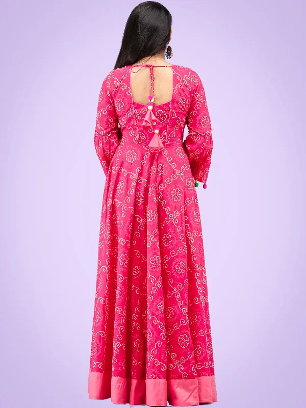 Maher - Pink Bandhani Printed Urave Cut Long Dress  - D381F2053