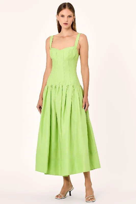 MAKENNA DROP WAIST CORSET MIDI DRESS - LIME