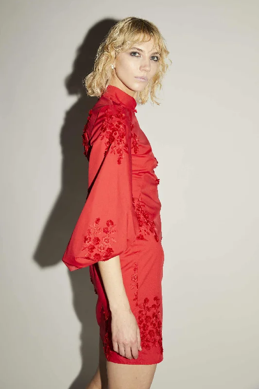 MING DRESS RED EMBROIDERED COTTON