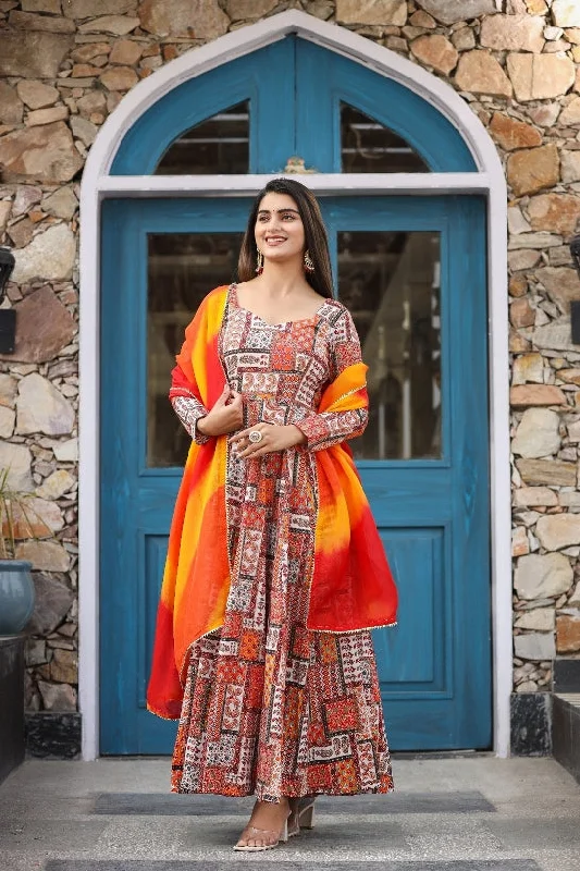 Mosaic Orange Anarkali Organza Dupatta Dress