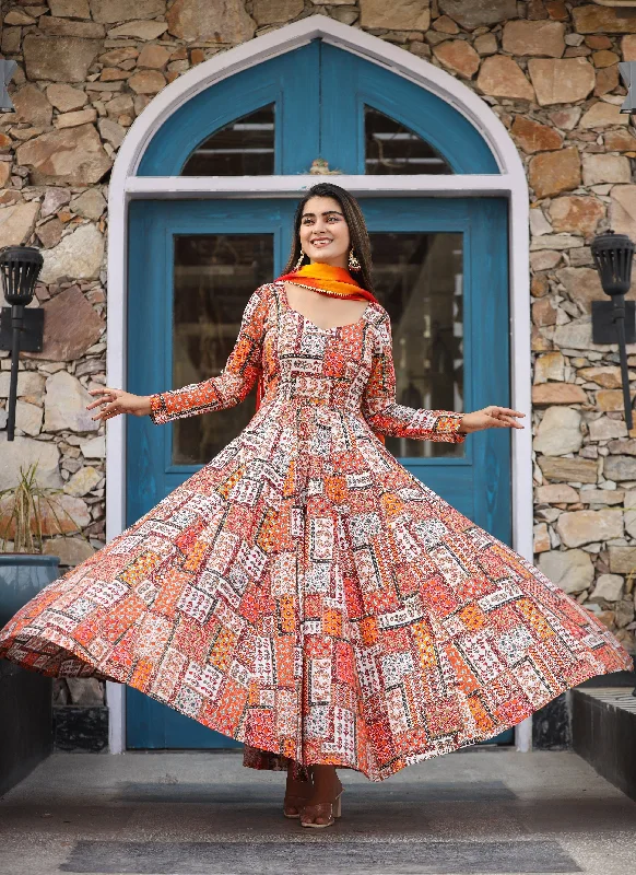 Mosaic Orange Anarkali Organza Dupatta Dress