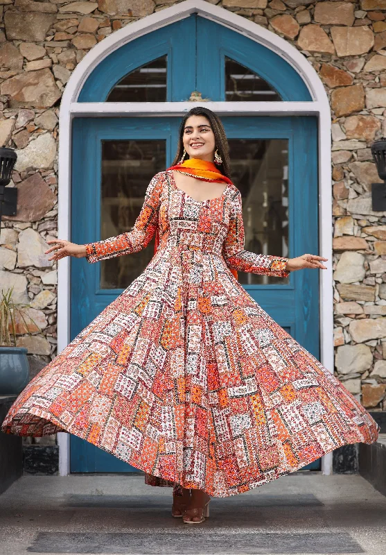 Mosaic Orange Anarkali Organza Dupatta Dress