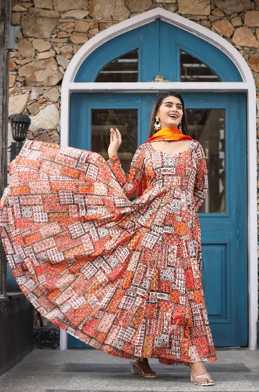 Mosaic Orange Anarkali Organza Dupatta Dress