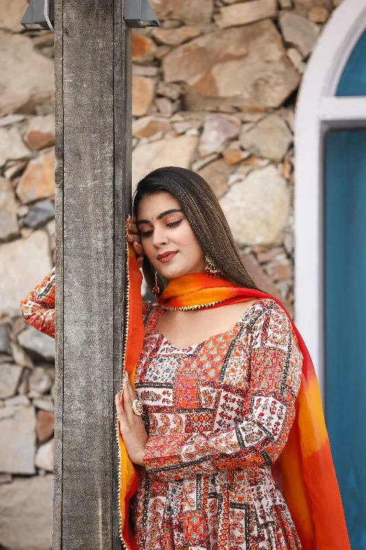 Mosaic Orange Anarkali Organza Dupatta Dress