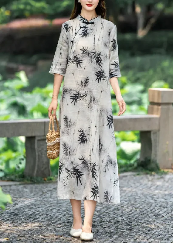 New Light Grey Stand Collar Button Print Linen Dresses Half Sleeve CG1048