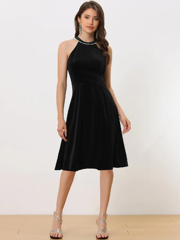 Formal Velvet Pearl Sleeveless Cocktail Halter Dress