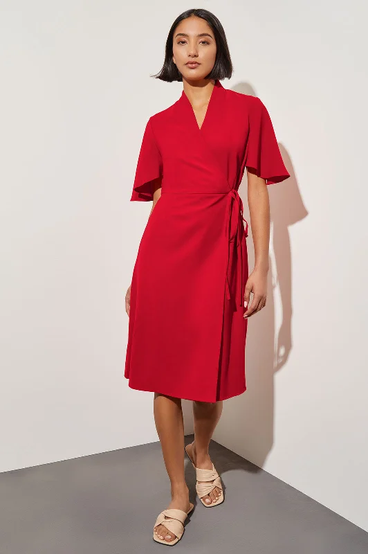 Plus Size Butterfly Sleeve Crepe de Chine Wrap Dress, Poppy Red