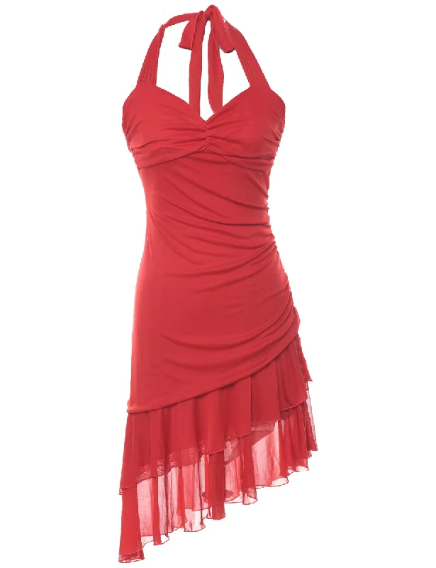 Red Halterneck Y2K Evening Dress - S