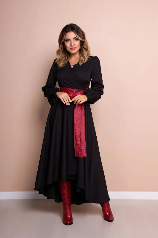 Robe Noire À Manches Longues Coupe Asymétrique dress REF;210-SYH-BRDKMR