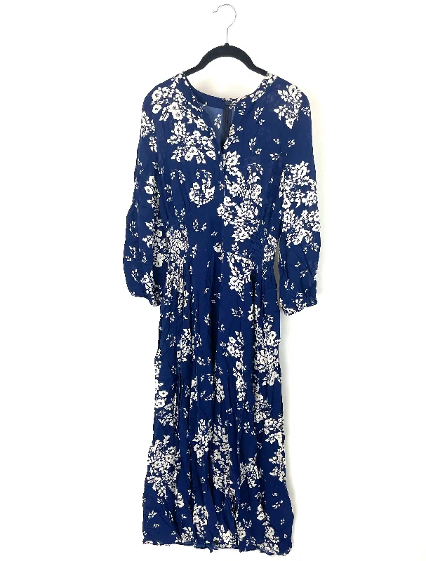 Dark Blue Floral Long Sleeve Dress - Size 4/6