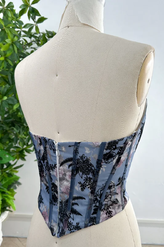 Strapless Floral Print Steel Blue Corset Top