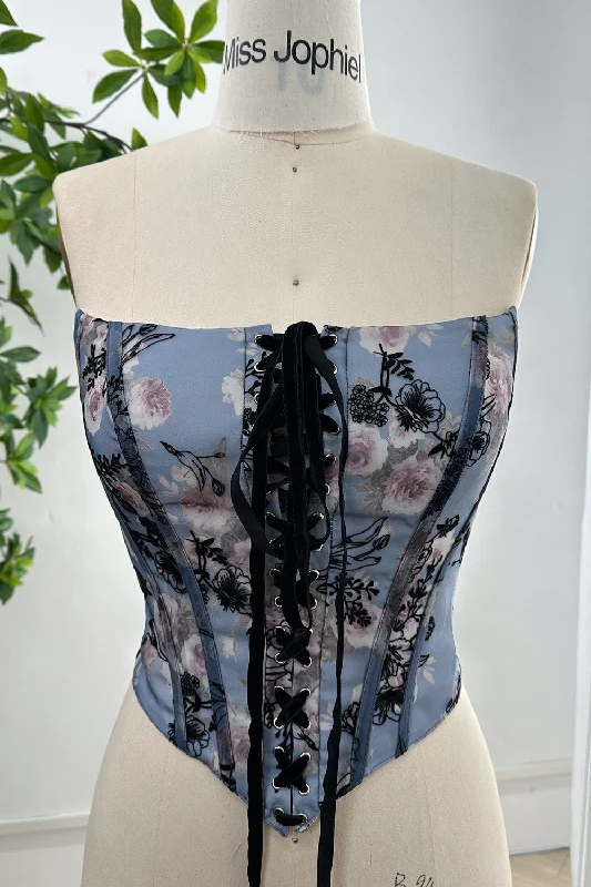 Strapless Floral Print Steel Blue Corset Top