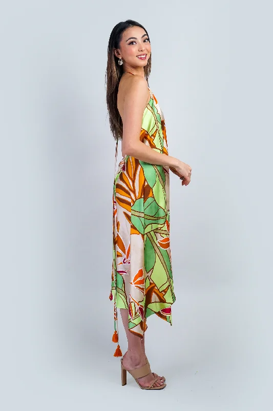 Beige/Tangerine/Green Backless Midi Dress