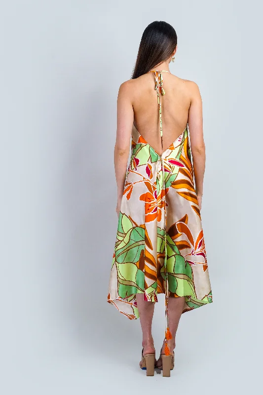 Beige/Tangerine/Green Backless Midi Dress