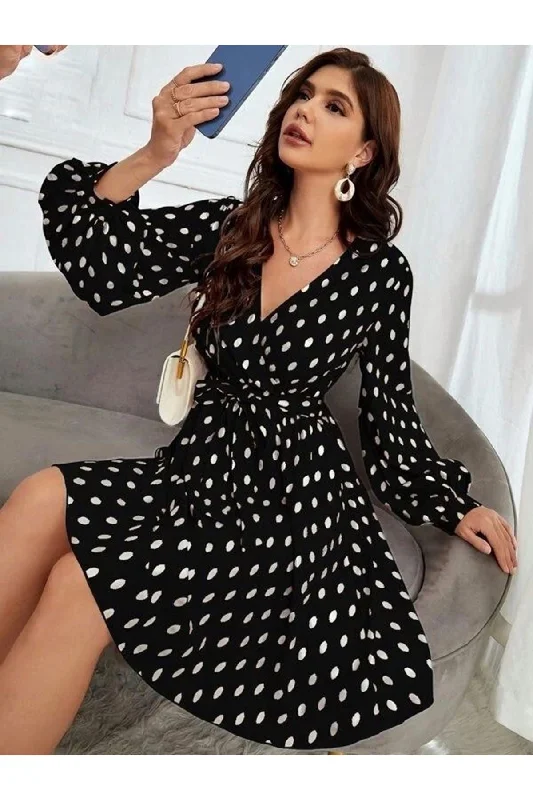 V-Neck Polka Dot Patterned Crep Dress - BLACK REF : 9734