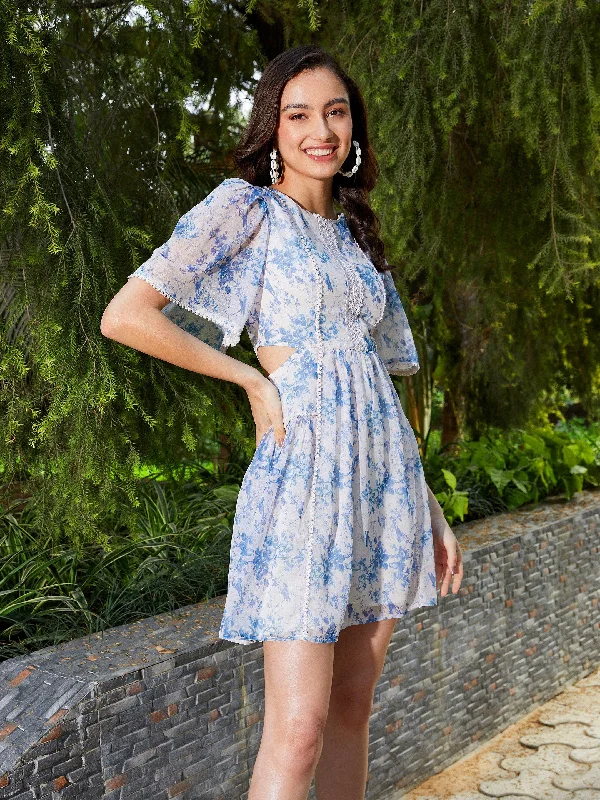 Women Blue Floral Waist Cut Out Skater Dress