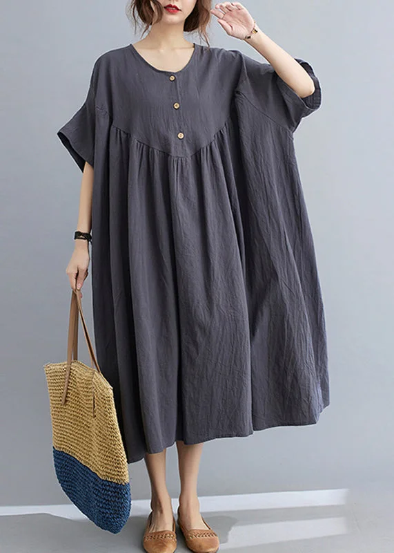 Women Dark Grey Patchwork Button Long Dresses Short Sleeve GH1018