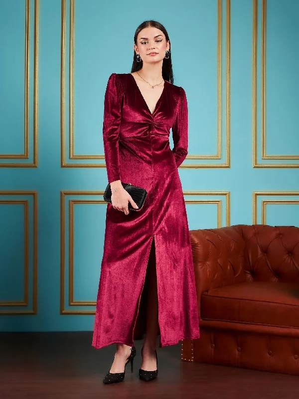 Women Maroon Velvet Front Twisted Maxi Dress