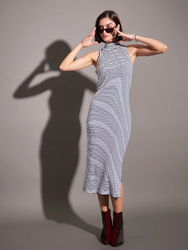 Women Navy & White Striped Rib Turtle Neck Sleeveless Dress