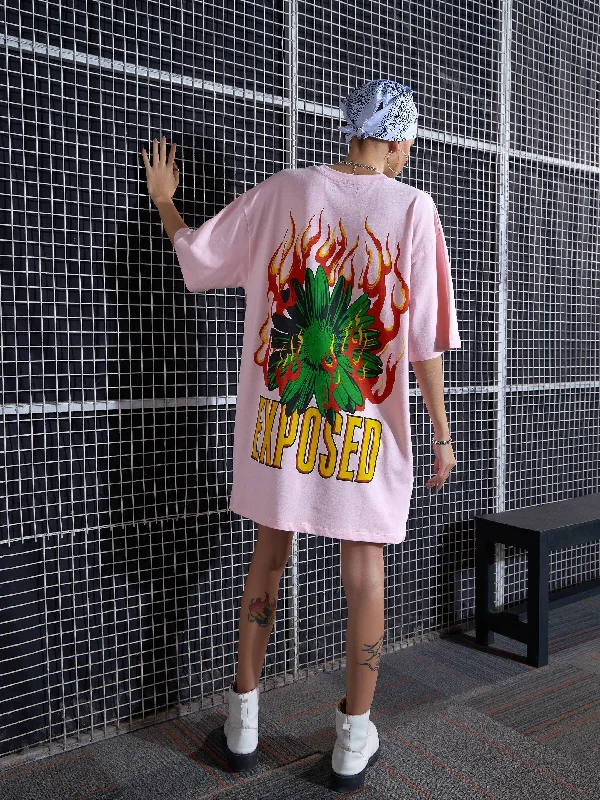 Women Pink Flower Printed Oversized T-Shirt Dress