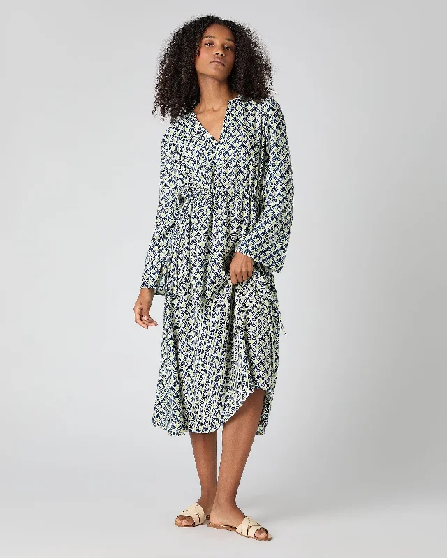 Women's Printed Silk Cashmere Dress French Blue