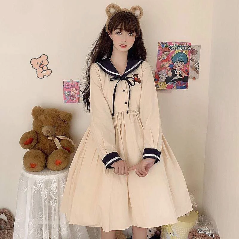 Women's Sweet Sailor Collar High-waist Bears Dresses 