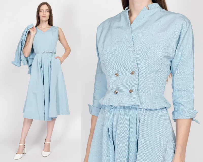 XS 1950s Blue Midi Dress & Jacket Set, As Is