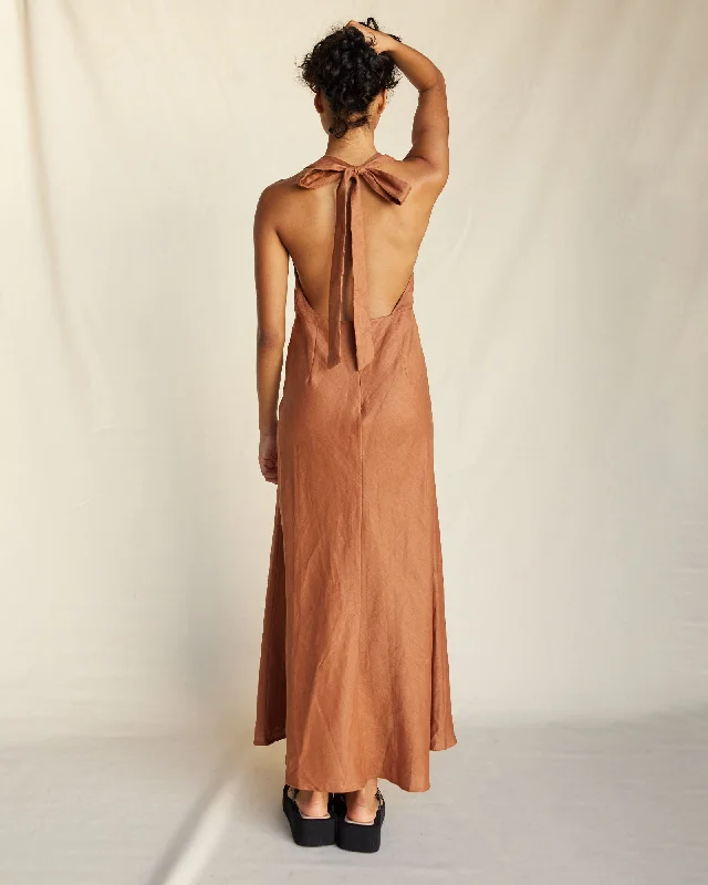 Zaina Linen Halter Maxi Dress - Cinnamon