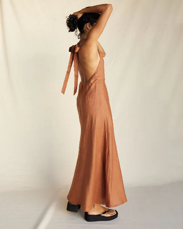 Zaina Linen Halter Maxi Dress - Cinnamon