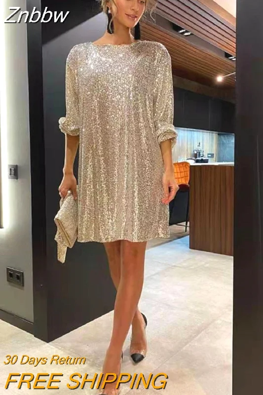 Znbbw Autumn Fashion Light Gold Sequined Gitter Sexy Bodycon Mini Dress Women O Neck Long Sleeve Lace Up Evening Party Dresses