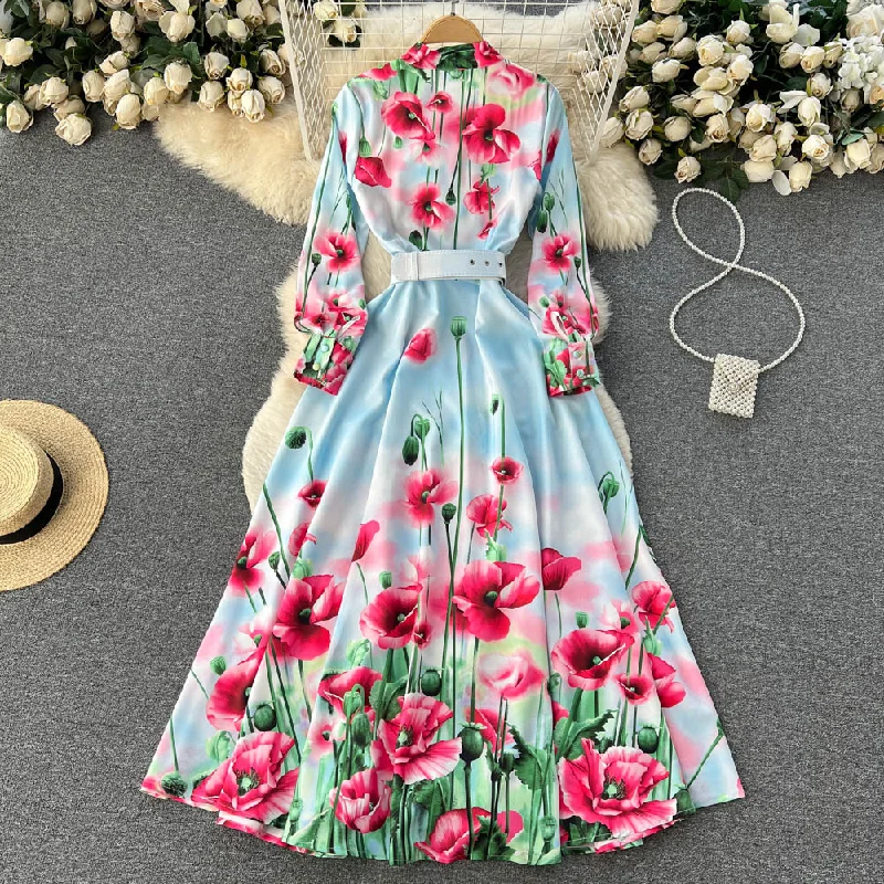 Znbbw Holiday Party Boho Maxi Dress Women's Bow Neck Long Sleeve Rose Floral Print Single Breasted Slim Elegant Belt Long Dress