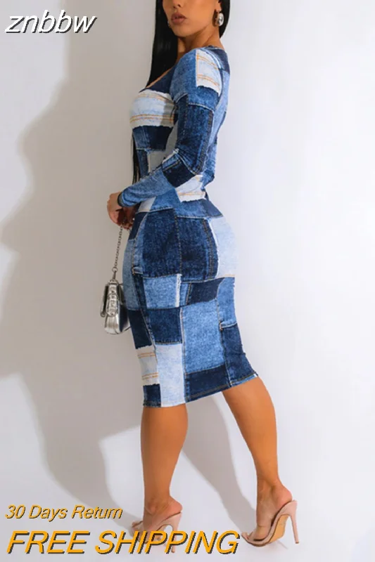 znbbw Sexy Patchwork Denim Printing Madi Dresses For Women Summer 2023 Long Sleeve Bodycon Slim Maxi Dress Slash Neck Dress